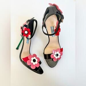 Prada Black red pink leather Runway Daisy floral high heel sandals EU 39